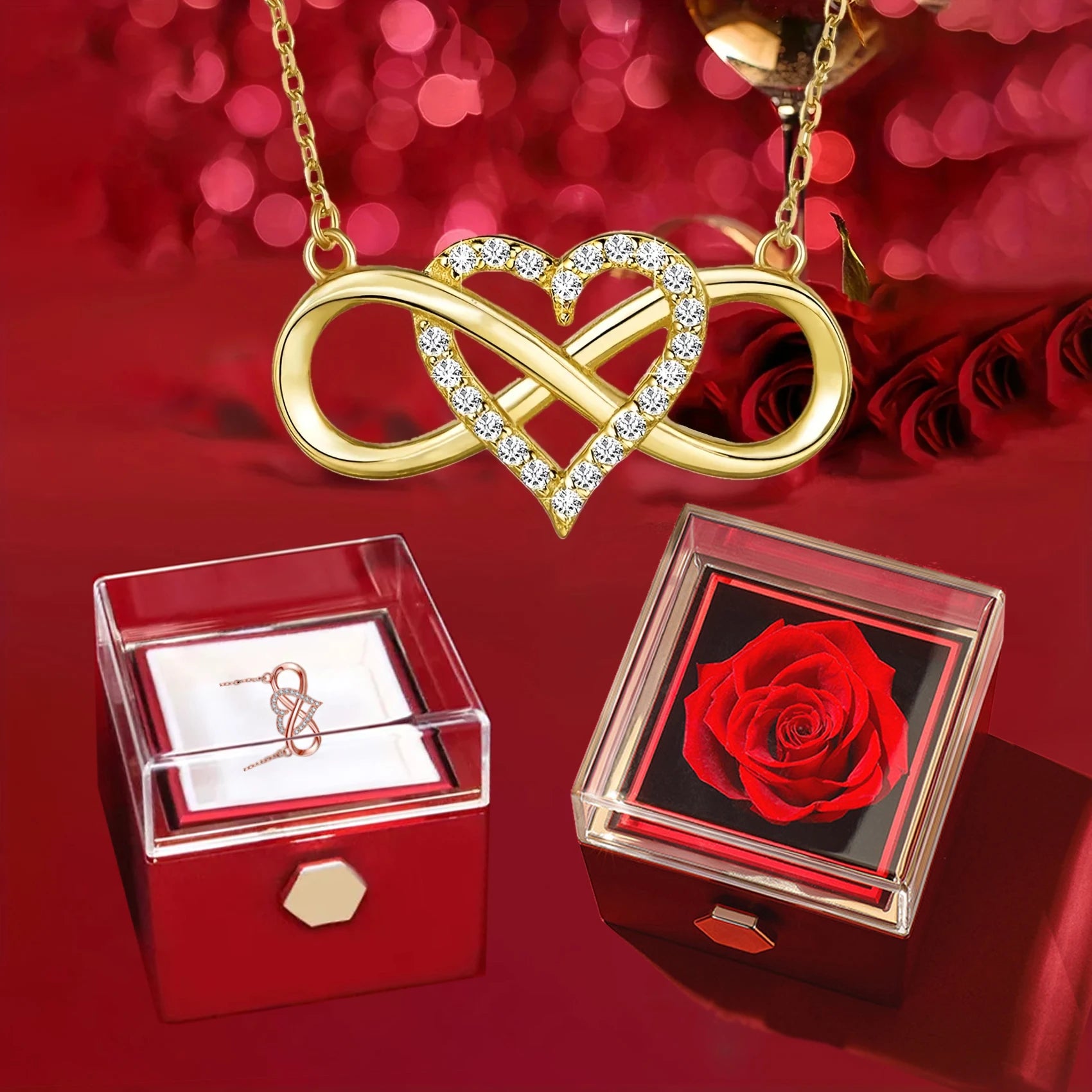 Eternal Rose Jewelry Box – Rotating Pendant & Necklace Storage Case for Loved One's